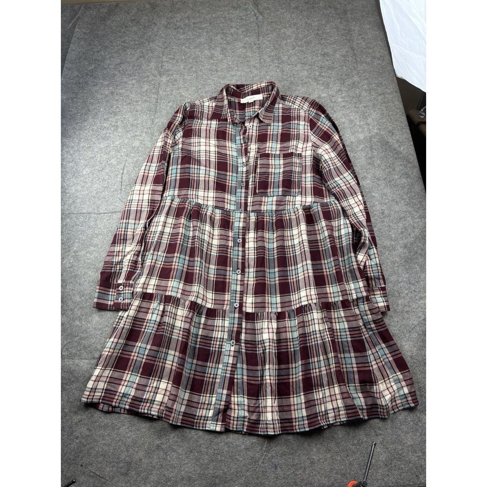 Loft Dress Women's S‎ Red Plaid Tiered Pockets Long Sleeve Button Up Western